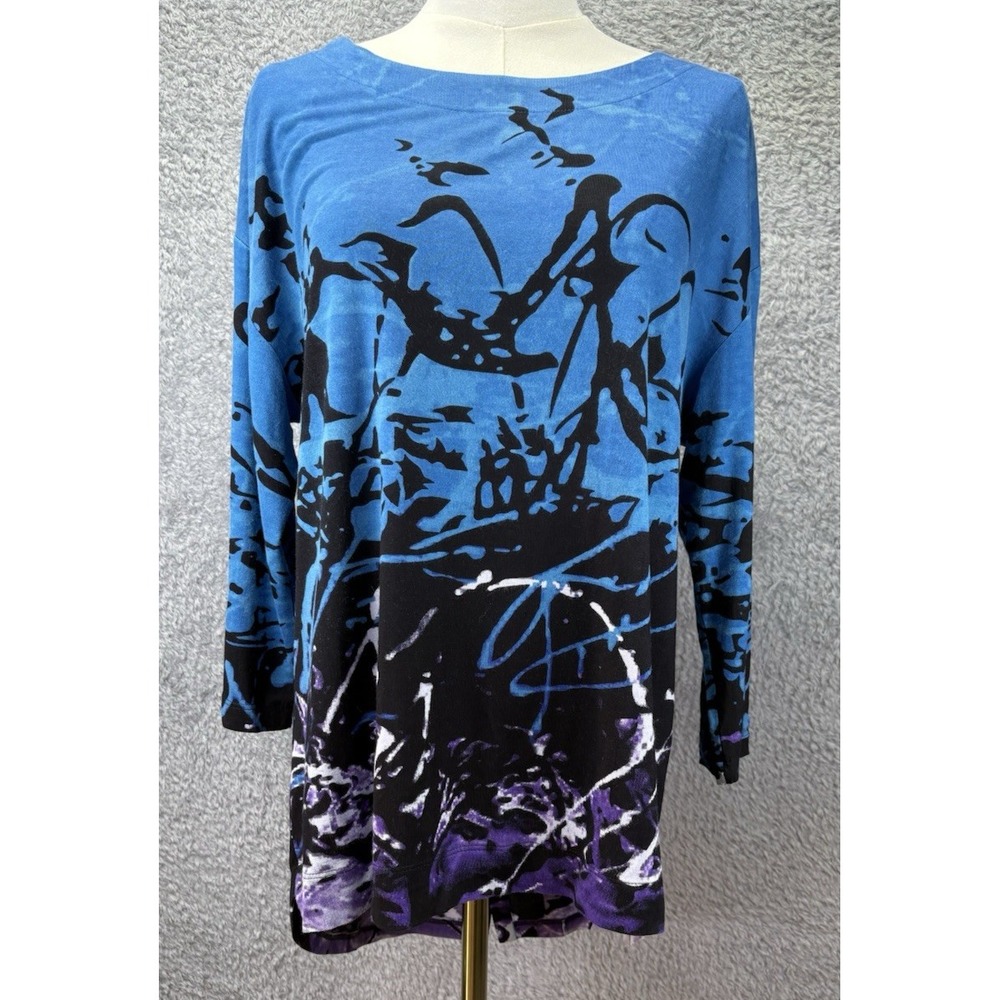 Parsley & Sage Women's M Black Longline Tunic Top Button Artsy Boho Art to Wear